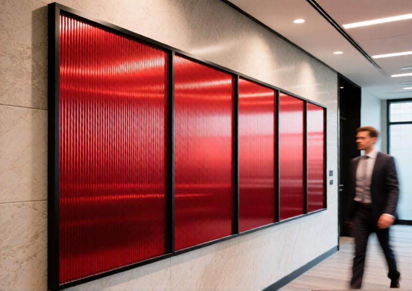 Vibrant red powder-coated aluminum honeycomb panels serve as a striking accent wall in a corporate lobby.