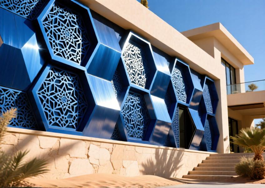 Anodized blue aluminum shading system on a luxury villa, blending cultural motifs with adaptive architecture under strong daylight.