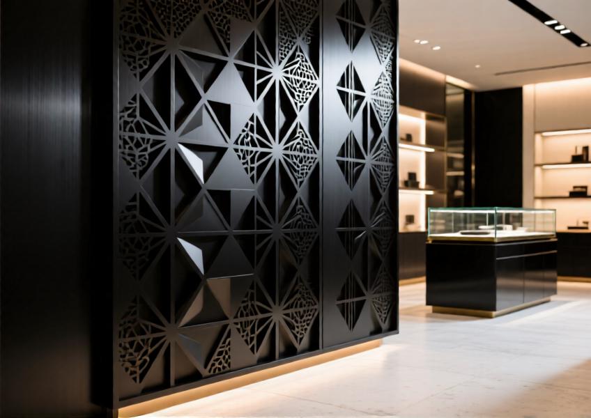 Luxurious retail interior featuring matte black decorative aluminum wall panels with laser-cut patterns and rich textural detail.