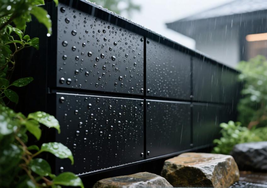Detail shot of matte black aluminum cladding on a luxury villa, emphasizing water resistance and refined texture.
