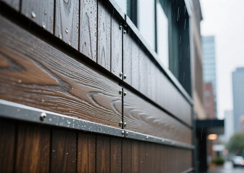 Detailed view of ash-gray anodized aluminum timber look cladding on a commercial façade, highlighting texture and realism in natural light.