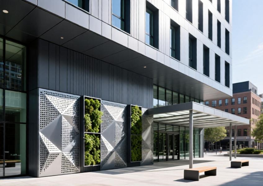 Urban mixed-use building with charcoal grey aluminium cladding and perforated decorative panels integrated with green architecture.