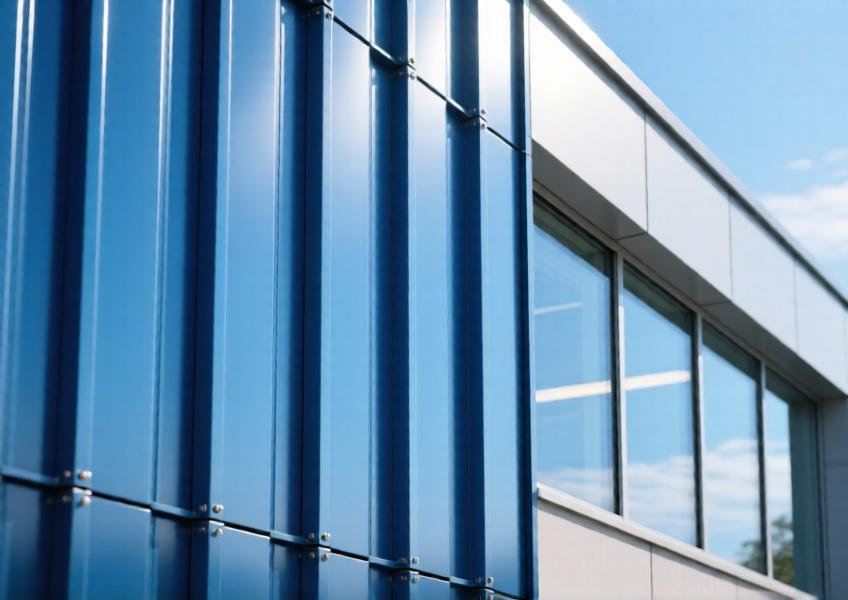 Detailed view of anodized blue aluminum cladding on a curtain wall, emphasizing texture, finish, and integration with glass in a commercial setting.