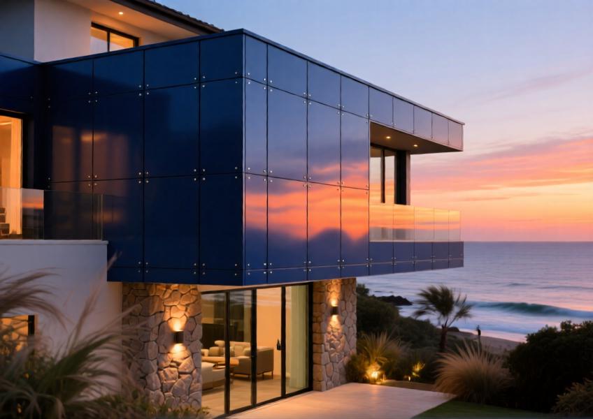 Luxury villa at sunset with deep navy blue PVDF-coated aluminum cladding enhancing its modern coastal design.