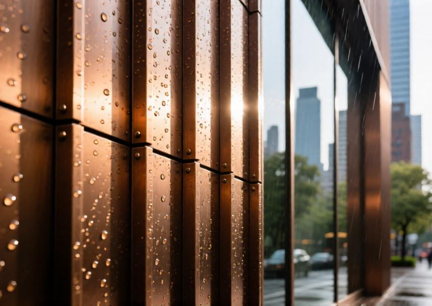 Close-up of bronze aluminum cladding on an urban building, showcasing texture, color consistency, and weather resistance.