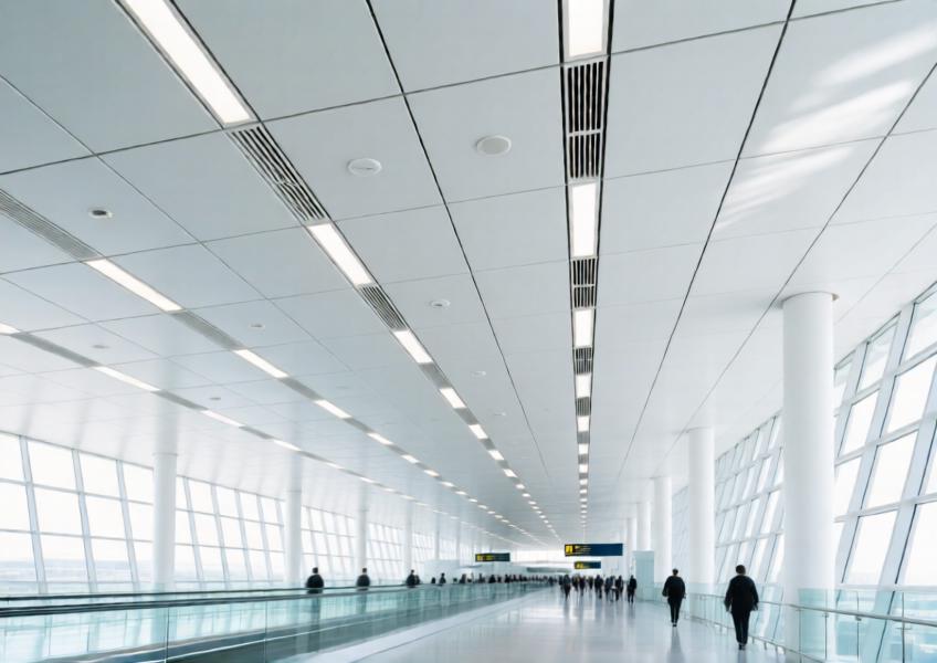 Airport interior with seamless matte white aluminum ceiling panels and integrated lighting.