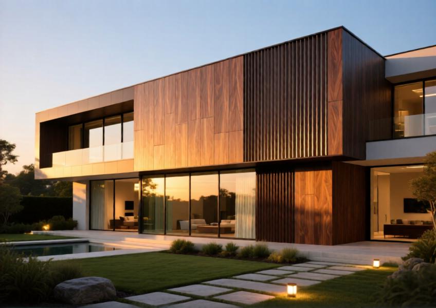 Luxury villa with aluminum curtain walls in walnut wood-effect finish, blending modern design with natural aesthetics.