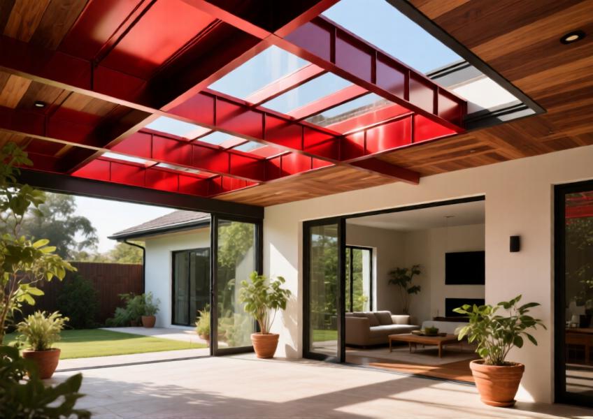 Indoor-outdoor transition area with vibrant red anodized aluminum ceiling panels styled to emulate stained pine wood.