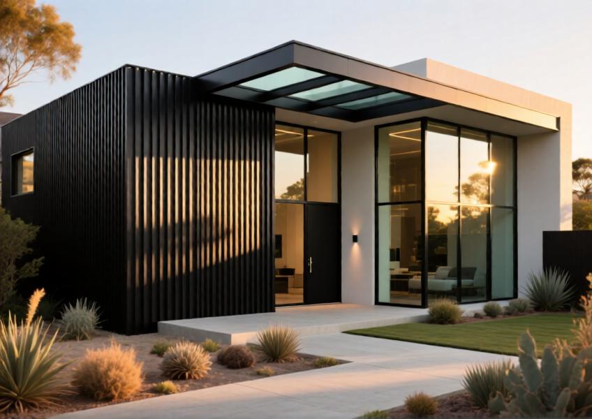 Modern luxury villa showcasing matte black aluminium cladding in a contemporary architectural design with natural surroundings.