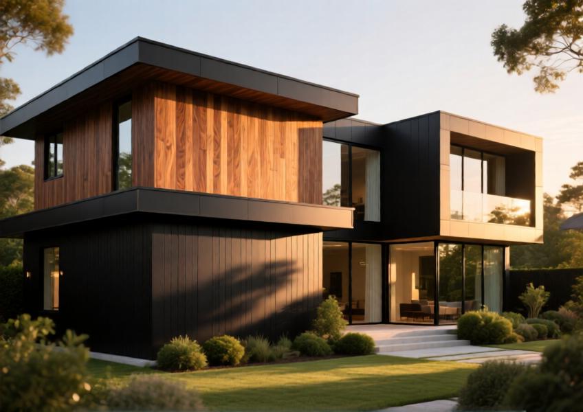 Modern luxury villa with contrasting matte black and walnut-brown aluminum timber look cladding under warm sunset lighting.