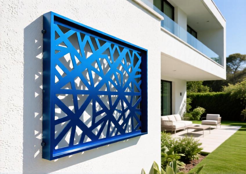 Villa facade with deep blue anodized perforated aluminum cladding casting artistic shadows.