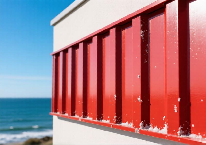 Close-up of vibrant red powder-coated aluminum cladding on a coastal villa, highlighting durability and color retention.