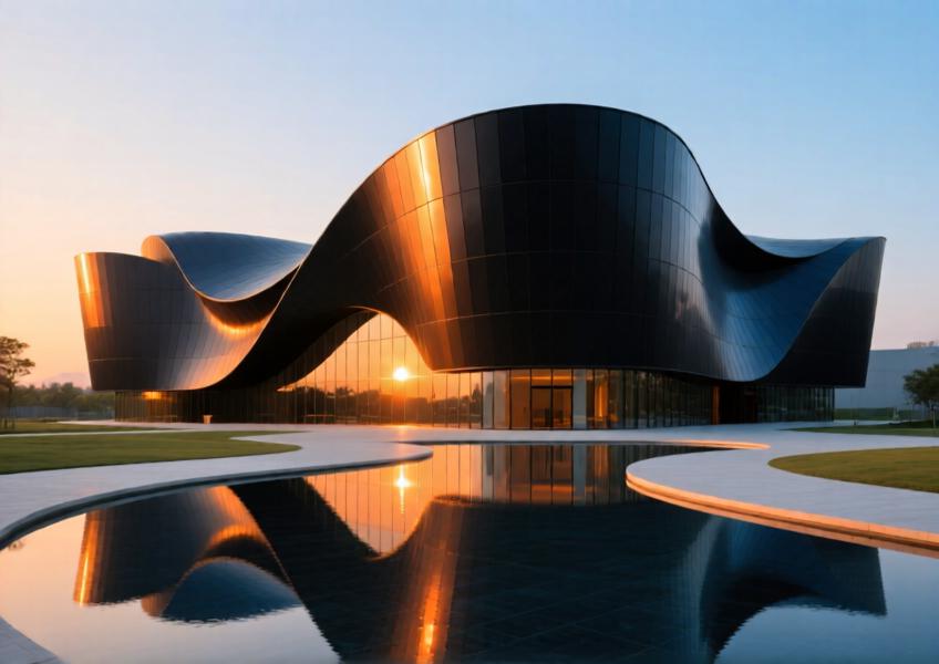 A cultural center with a matte black curved aluminum facade glowing at sunset, reflected in surrounding water features.