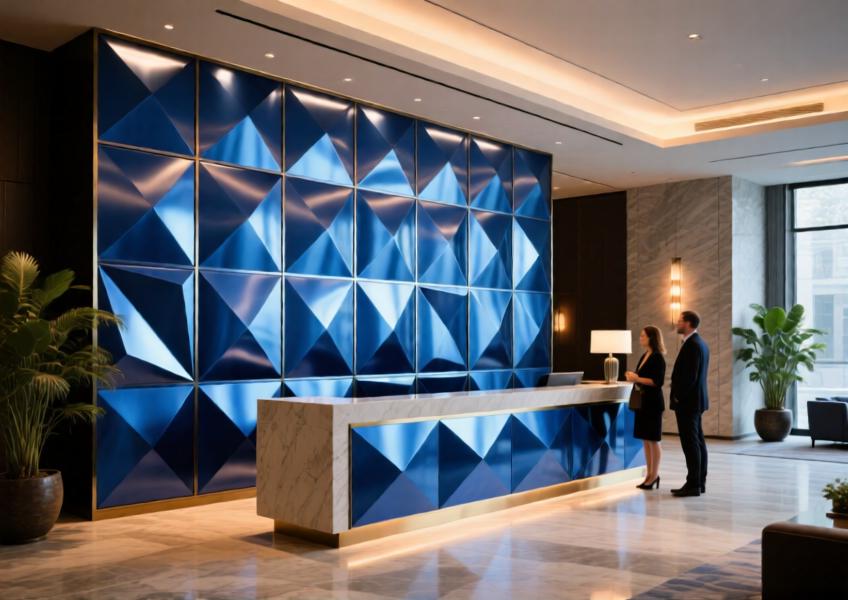 Luxury hotel lobby featuring anodized blue aluminum feature wall, combining elegance, durability, and modern design.