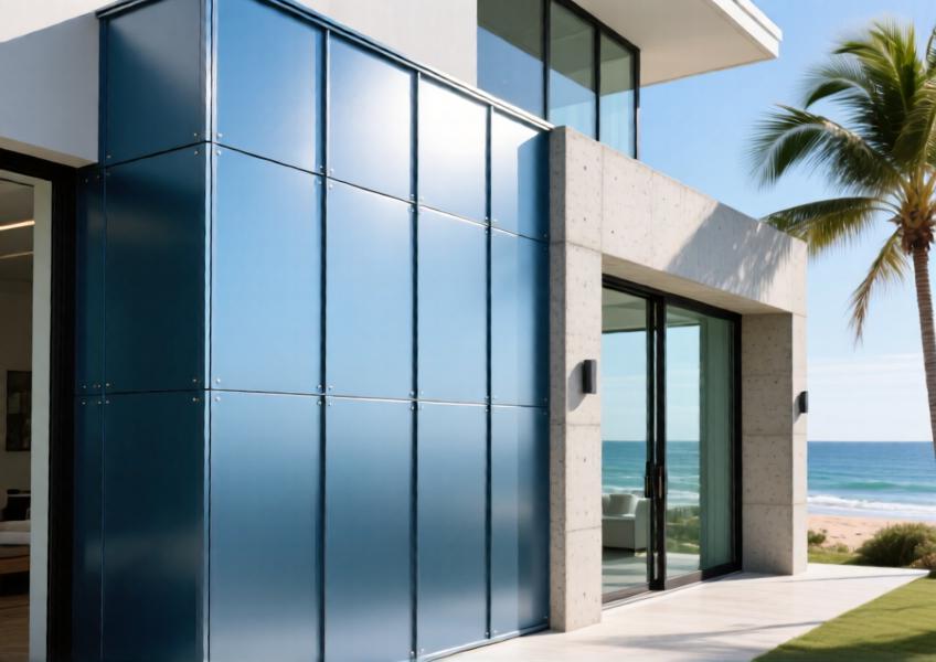 Close-up of anodized blue powder coated aluminium cladding on a luxury coastal villa.