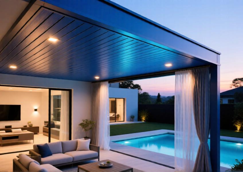 Anodized blue aluminum ceiling panels in a premium outdoor living area with integrated lighting at twilight.