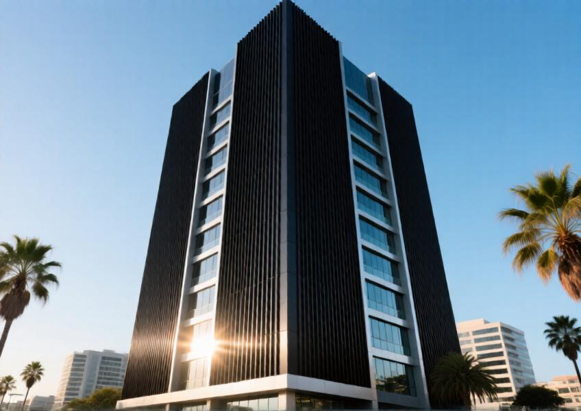 Matte black aluminum-clad skyscraper in a coastal urban setting, emphasizing durability and modern design.