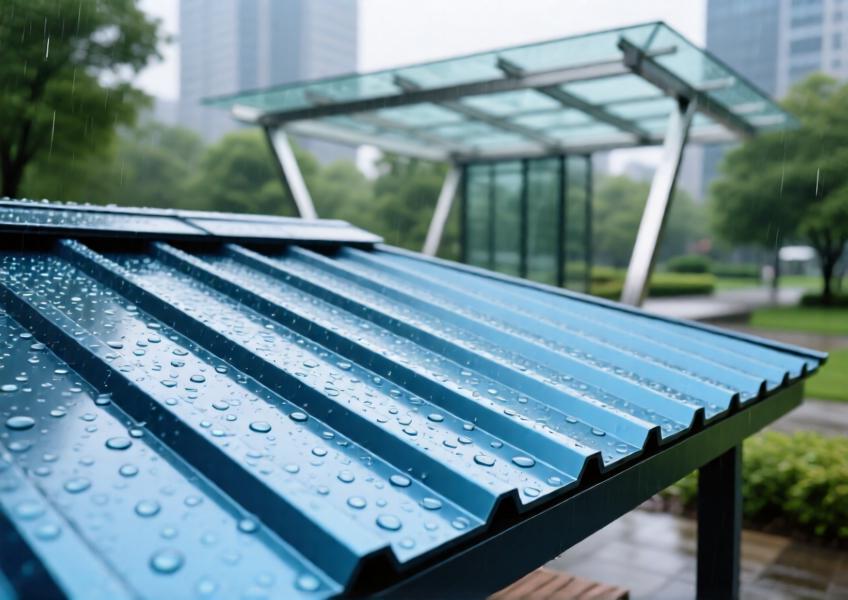 Close-up of anodized blue standing seam aluminium roof panels with rain droplets in an urban park pavilion.