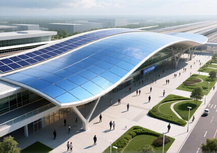 Aerial view of a transit hub with anodized blue aluminum roofing, blending functionality, sustainability, and modern design.