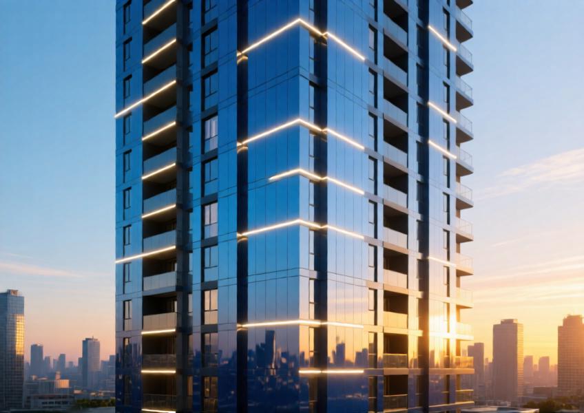 High-rise building featuring anodized blue aluminium cladding with integrated lighting, blending modern design with urban sophistication.