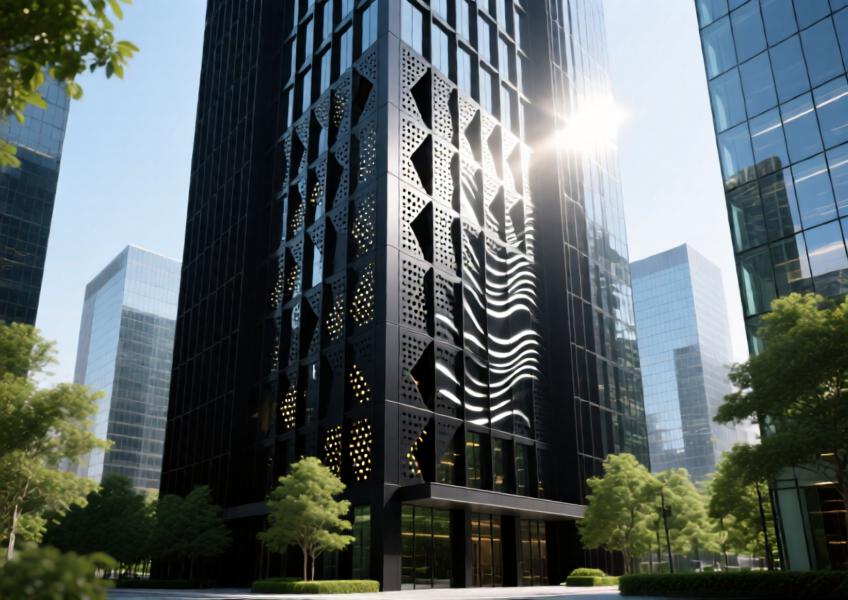Matte black perforated aluminium cladding creates a shimmering water-like effect on a modern office tower through precise diamond-shaped perforations.