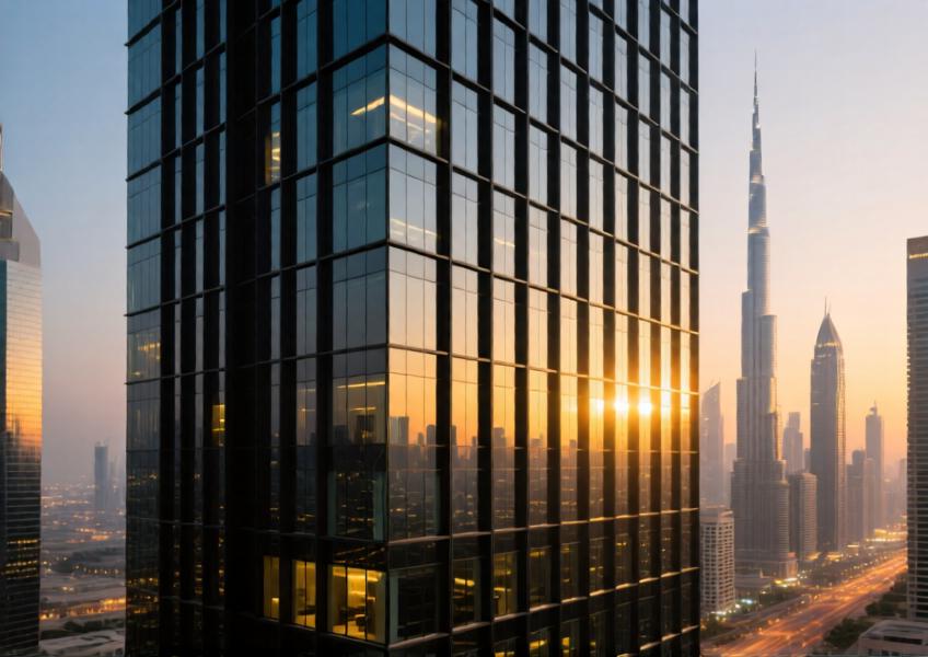Modern office tower with matte black anodized aluminum curtain wall under warm twilight lighting