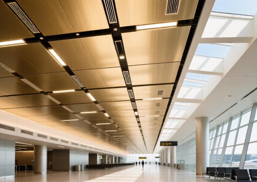 Luxury airport interior with champagne gold aluminum ceiling and integrated lighting.