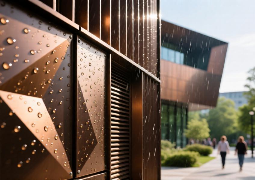 Close-up of bronze-finished aluminium rainscreen cladding on a cultural center, emphasizing texture, water runoff, and ventilation function.
