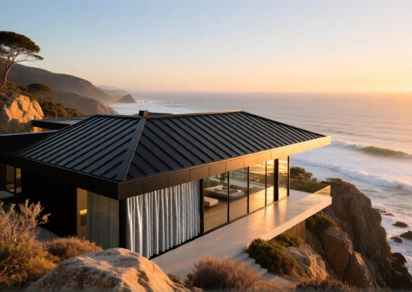 Luxury coastal villa with matte black aluminium roof cladding integrated with silver curtain walls at sunset.