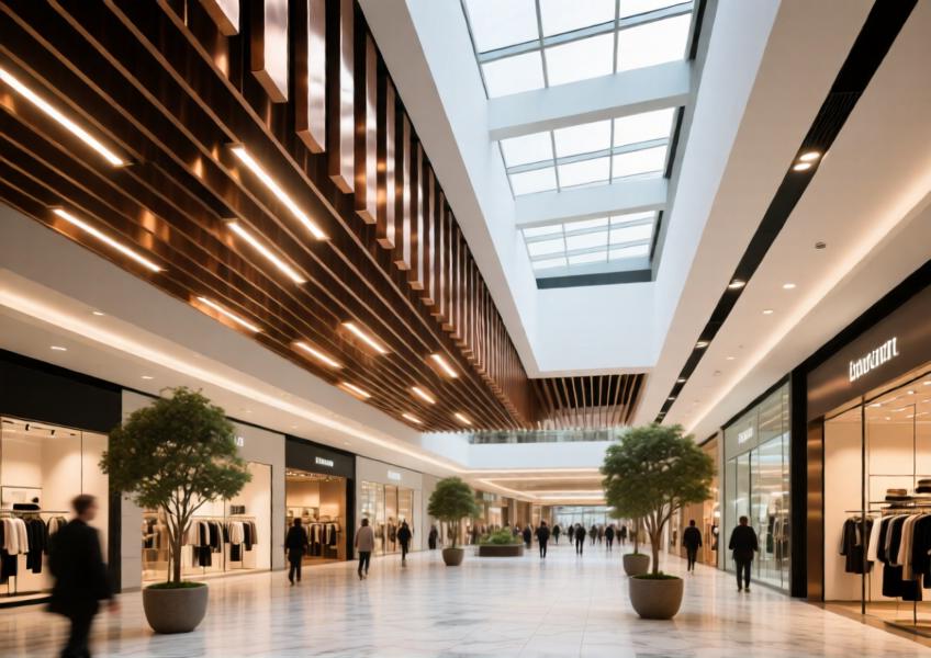 Elegant indoor atrium with anodized bronze aluminum linear baffle ceiling integrated with lighting.
