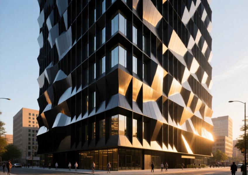 Modern high-rise with matte black anodized aluminum curtain wall at sunset, highlighting parametric design and urban integration.