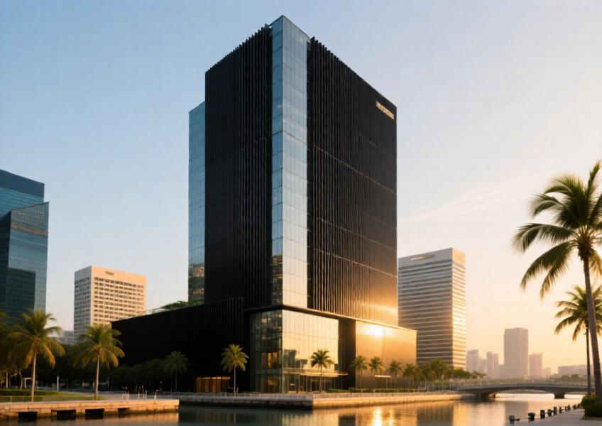 Modern commercial tower with matte black anodized aluminum cladding and glass curtain walls at sunset in a tropical urban setting.
