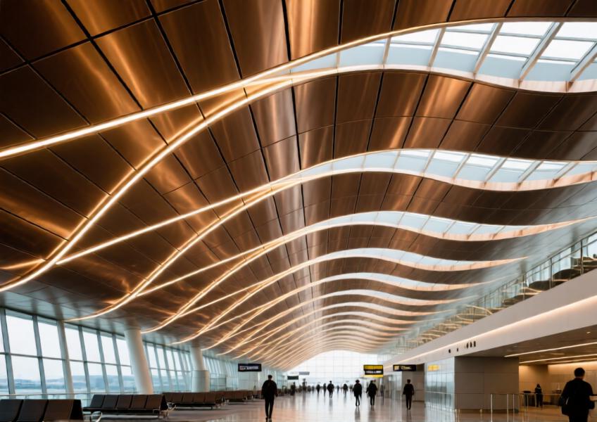 Luxury airport ceiling with anodized bronze cladded aluminum panels and integrated lighting