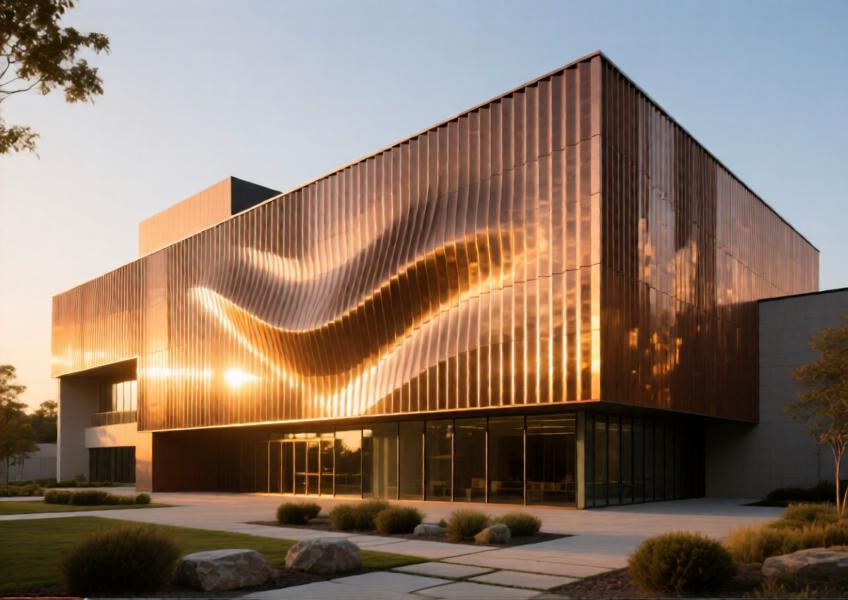 Modern cultural center with bronze-anodized corrugated aluminum cladding illuminated at sunset.