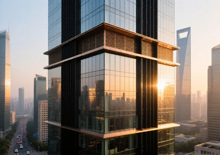 Modern high-rise with matte black and anodized bronze aluminum curtain walls in a vibrant urban setting.