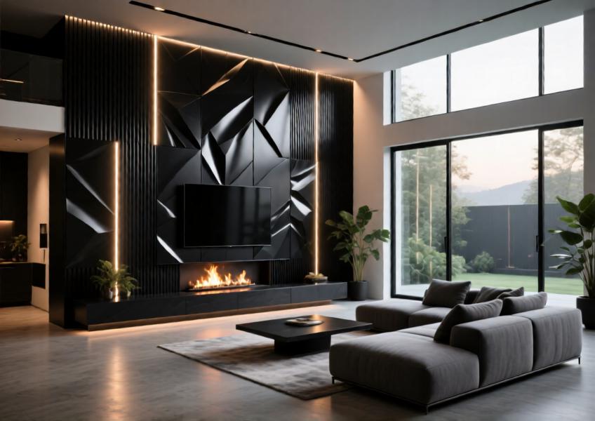 Luxury living room with matte black aluminum cladding and integrated backlighting for a modern, dramatic effect.