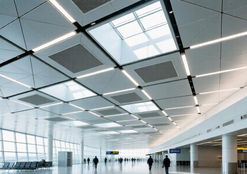 Airport terminal interior with reflective silver PVDF aluminum ceiling system integrated with lighting and acoustics.