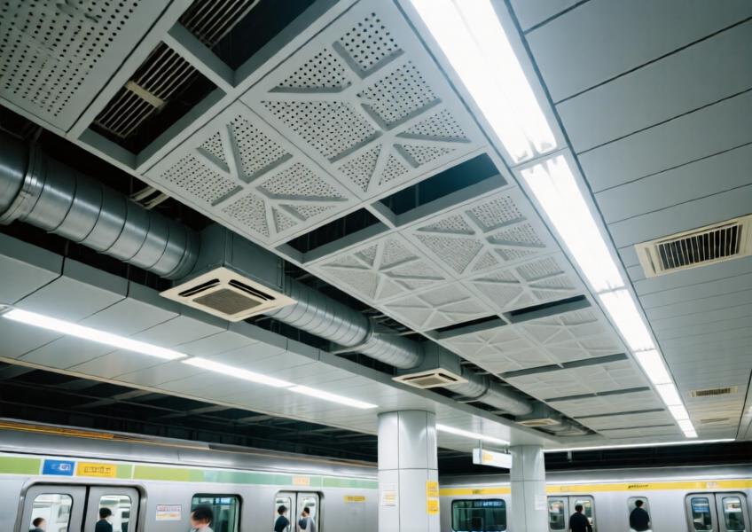 Tokyo metro station with culturally inspired perforated aluminum ceiling panels
