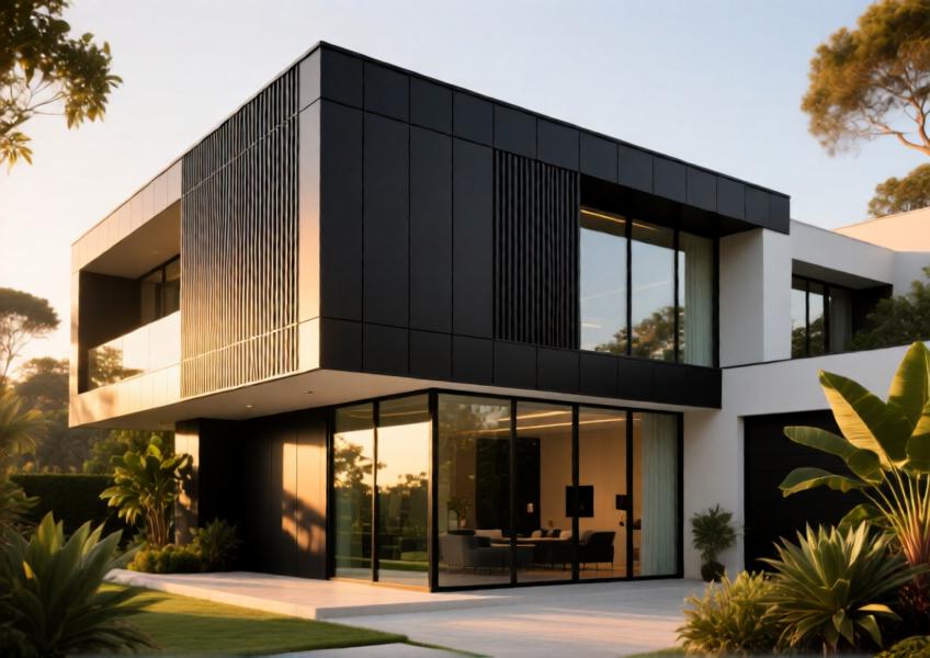Luxury villa with matte black aluminum cladding under warm sunset light, showcasing modern architectural design and premium material finish.