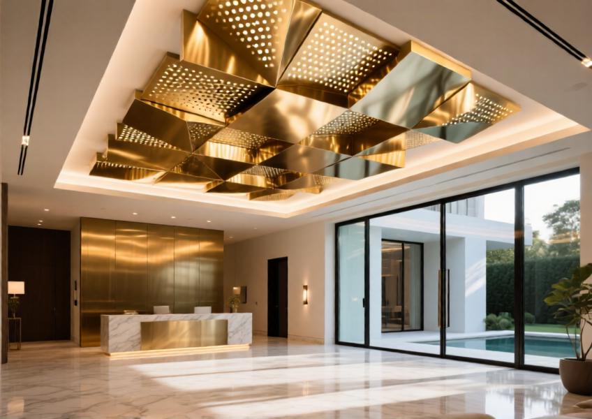 Luxury villa lobby with a decorative brushed gold aluminium ceiling featuring geometric perforations and ambient lighting