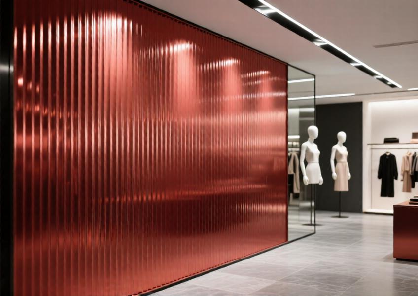 Close-up of a textured terracotta red aluminum wall panel in a sleek retail interior, highlighting material depth and finish.