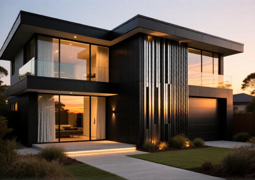 Modern luxury villa with matte black aluminium weatherboard cladding and brushed aluminium accents under warm sunset lighting.