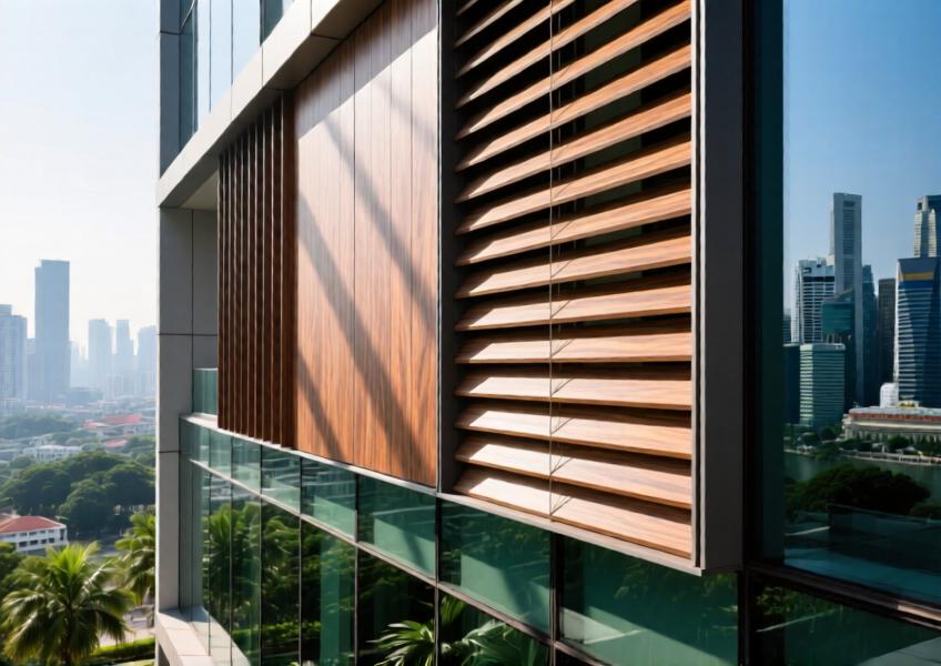 Wood-effect aluminum louvers on a skyscraper creating dynamic shading and visual warmth in an urban setting.