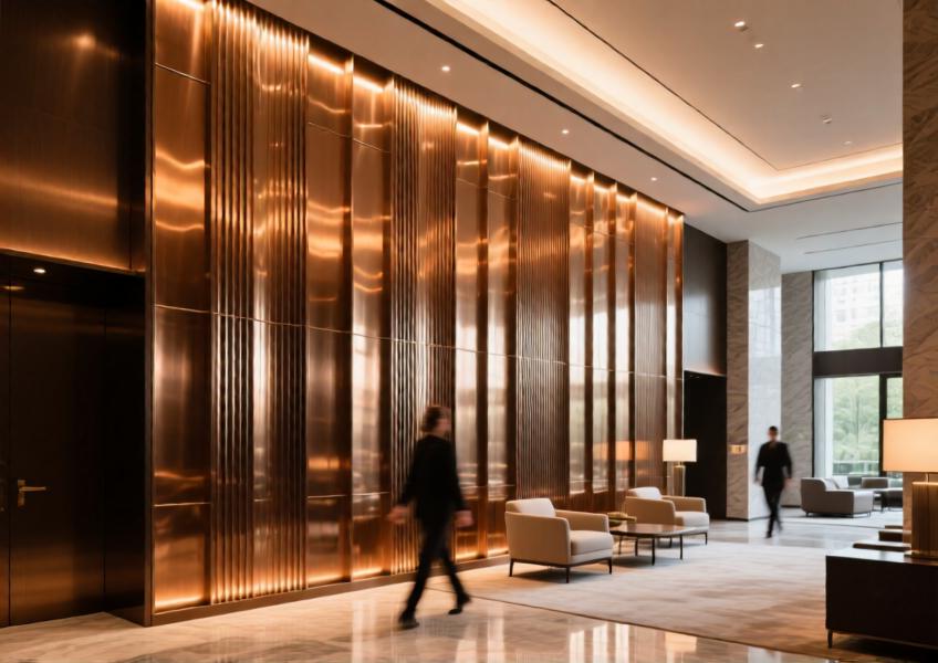 Luxury hotel lobby with backlit warm bronze aluminum feature wall
