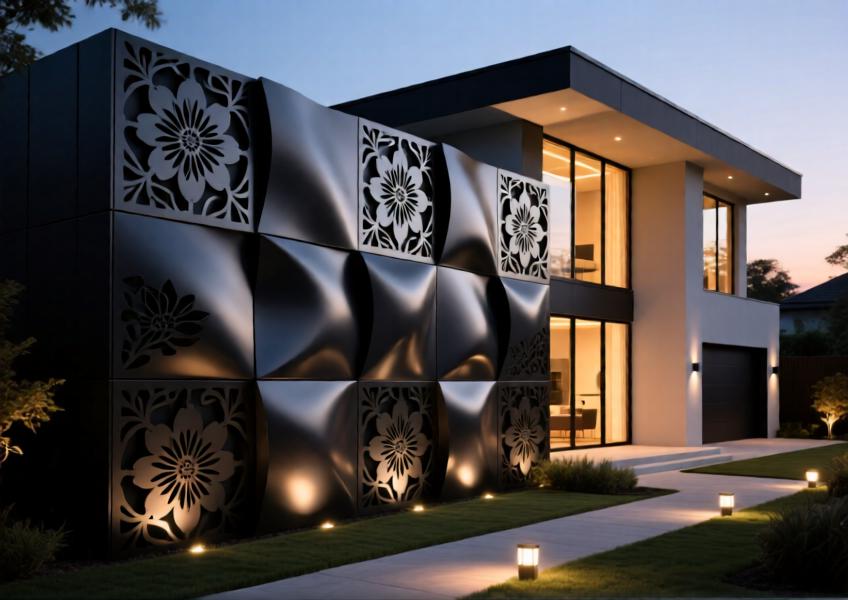 Luxury villa with matte charcoal 3D aluminum cladding and backlighting at dusk