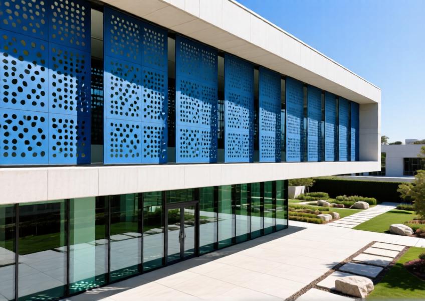 Perforated anodized blue aluminum decorative panels casting shadows on a cultural center's exterior