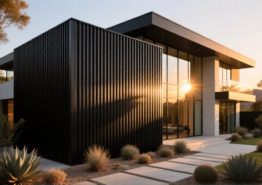 Modern luxury villa with matte black aluminium batten cladding at sunset, highlighting texture, shadow play, and architectural elegance.