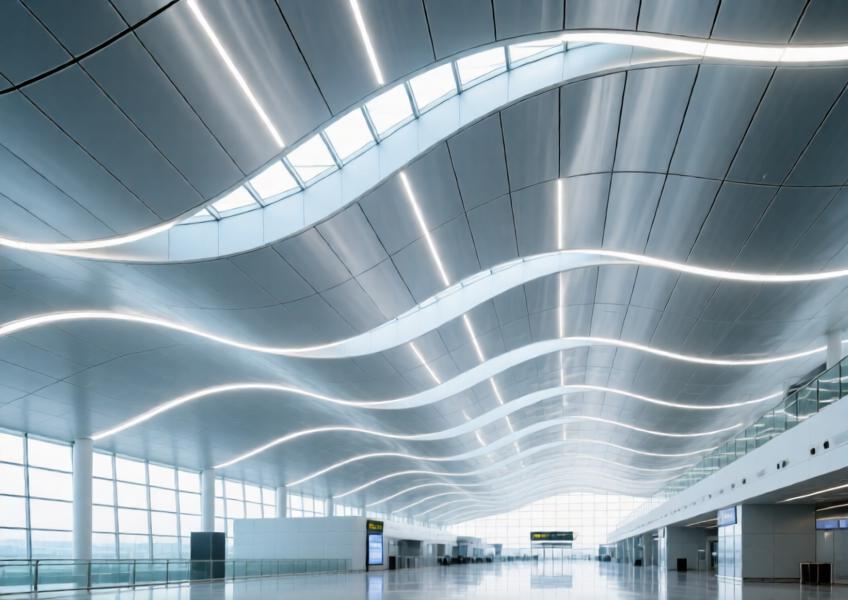 Airport terminal with wave-patterned aluminum composite ceiling and integrated LED lighting