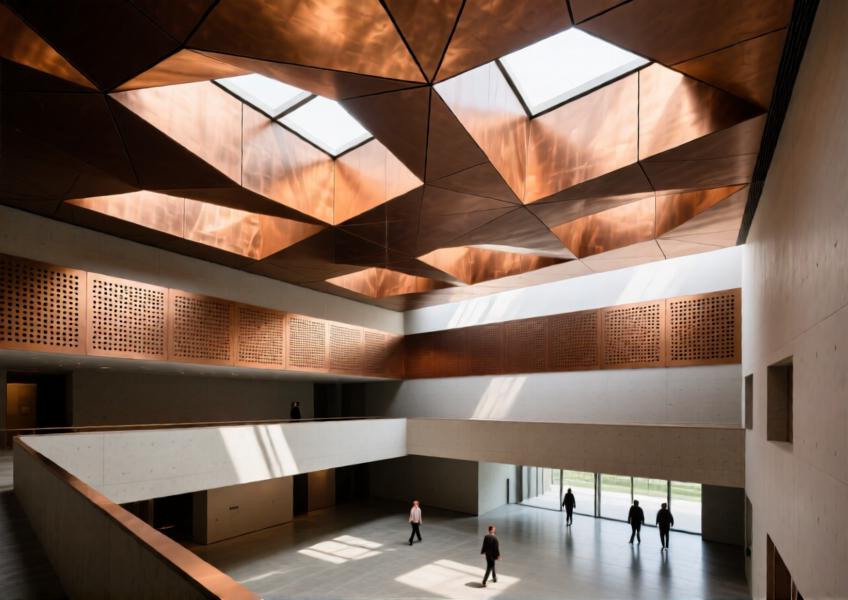 Interior atrium with coordinated matte bronze aluminum ceiling and wall elements in a cultural building.