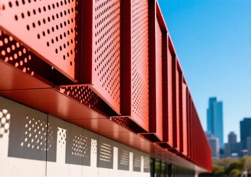 Close-up of vibrant red perforated PVDF aluminum sunscreen panel with detailed shadow play on a cultural building.